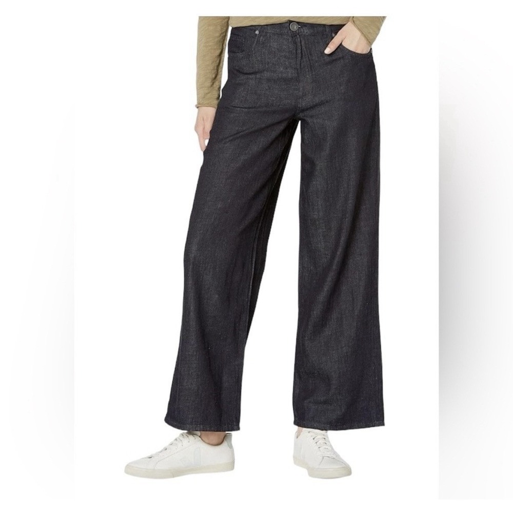 Kut from the Kloth Maggie Wide Drape Leg Jeans Dark Wash Size 12L Linen Blend